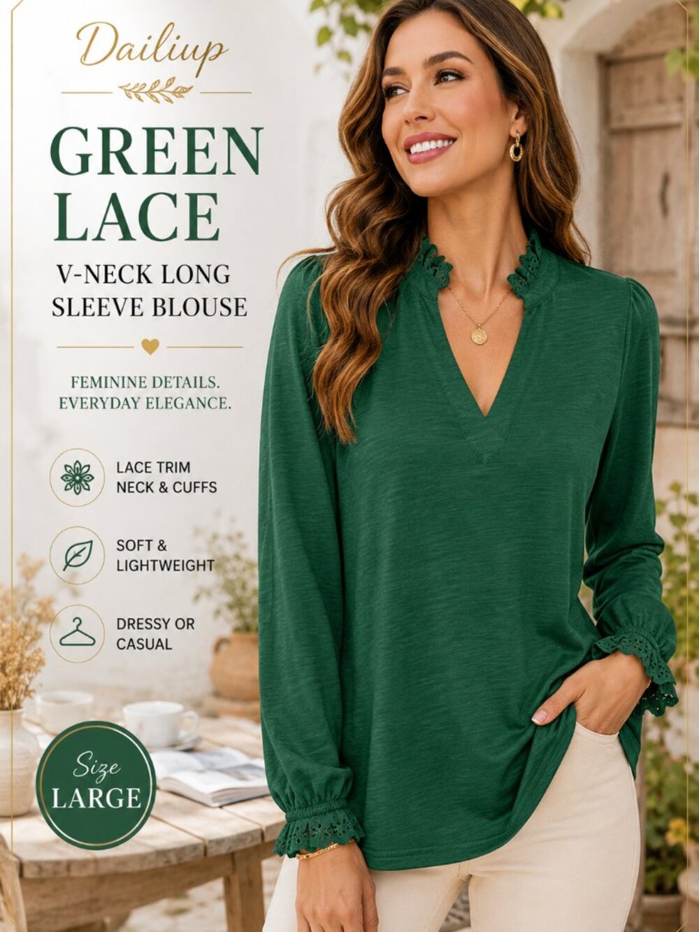 Dailiup Green Lace V-Neck Long Sleeve Blouse Ruffle Trim Dressy Casual Top